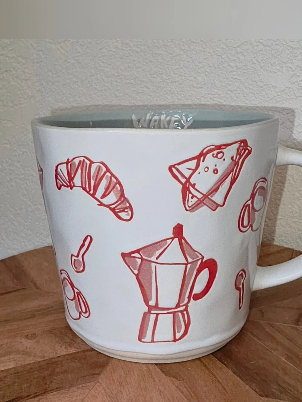 Prima Design Wakey Wakey Ceramic Coffee Mug with Red Breakfast Icons